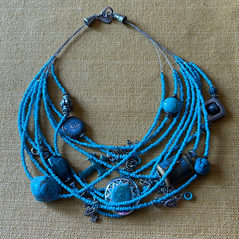 Treska 9 strands of gorgeous Turquoise color beads pottery beads short necklace